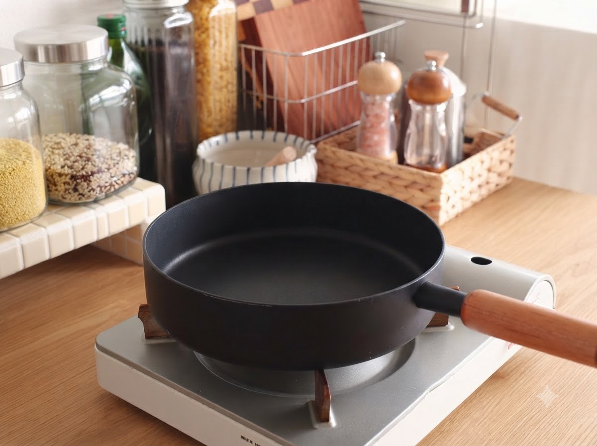 An empty black frying pan sitting on a portable gas burner stove.