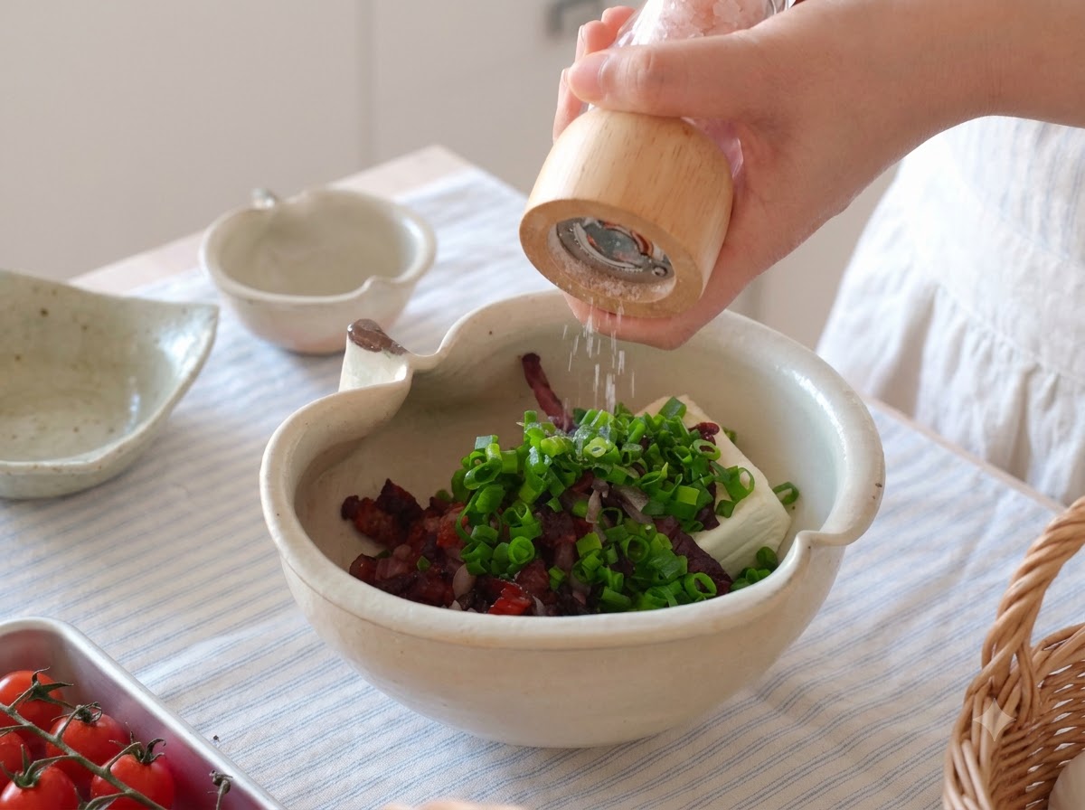 A wooden grinder seasoning salt and pepper over the bowl of ingredients.