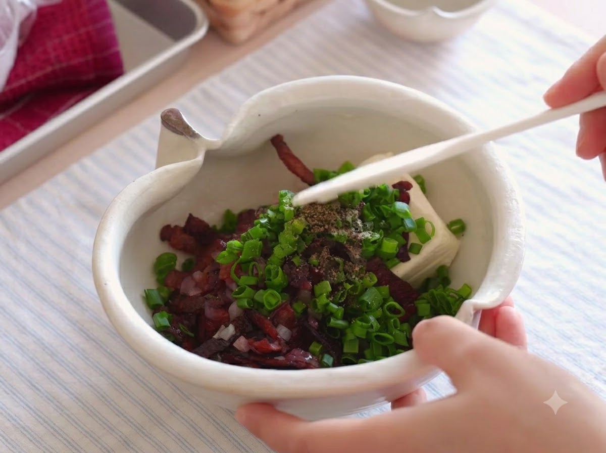 A white spatula thoroughly stirring the cream cheese and bacon mixture in a bowl.