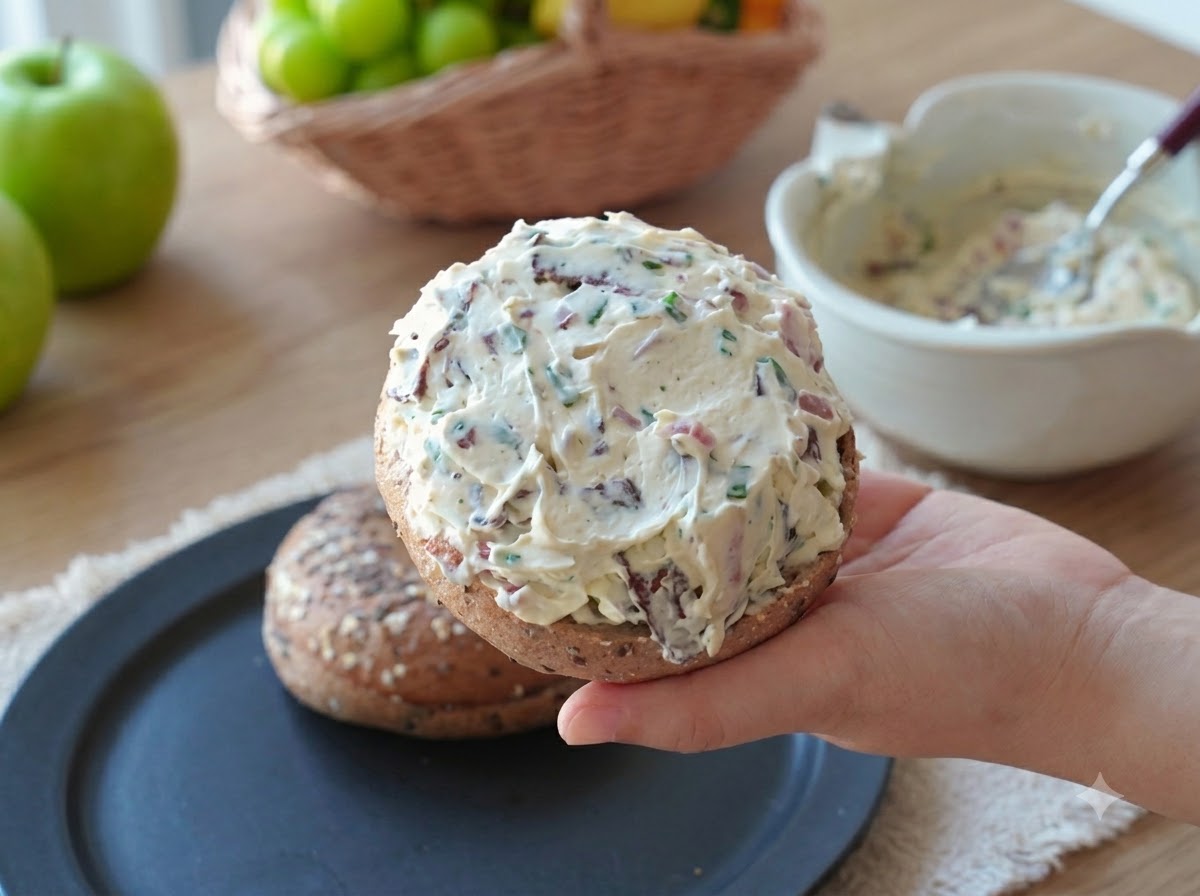 The top half of a toasted bagel being layered over the cream cheese filling to close the sandwich.