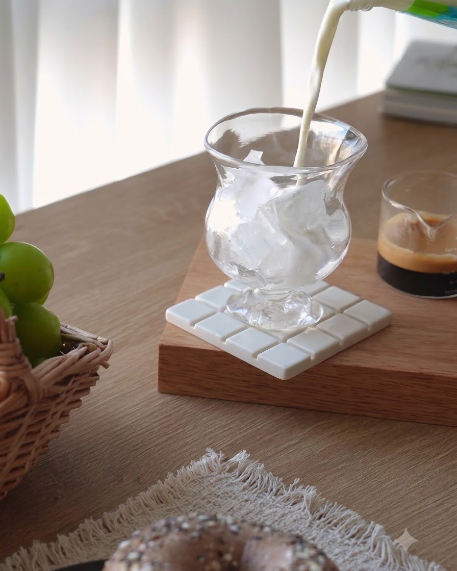 Fresh milk being poured from a carton into a clear glass filled with ice cubes on a wooden coaster.