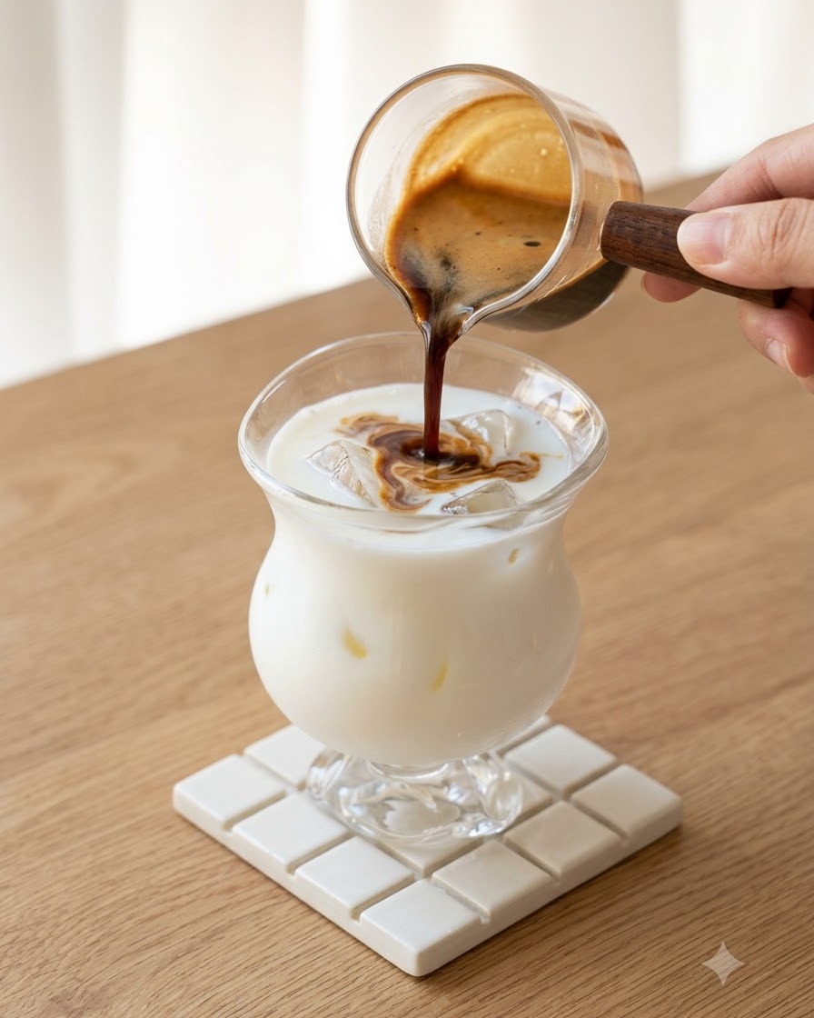 Rich dark brewed coffee being poured from a glass pitcher into a glass of milk and ice, creating swirling patterns.