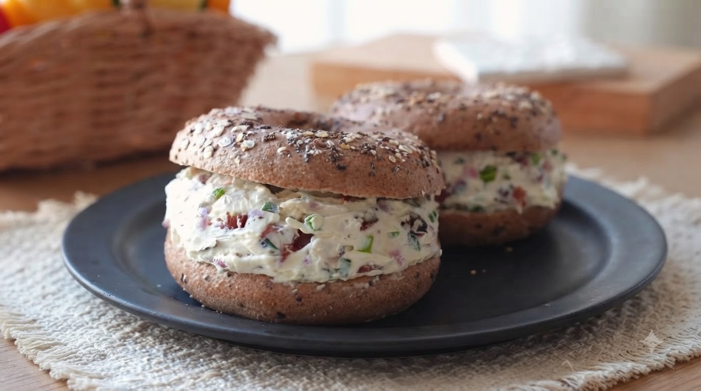 Two loaded bacon and cream cheese bagel sandwiches on a black plate with an iced latte