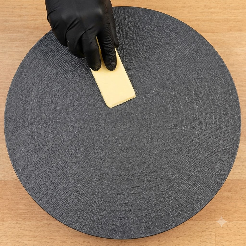 A person in black gloves spreading butter across a circular black griddle with a scraper.