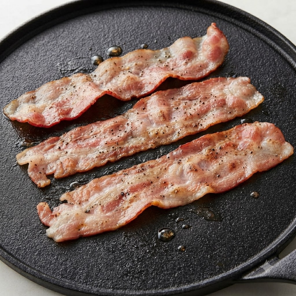 Three strips of raw bacon seasoned with black pepper sizzling on a black cast-iron flat griddle.