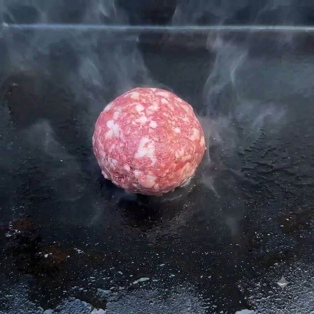 A ball of raw ground beef resting on a smoking hot black griddle surrounded by wisps of steam.