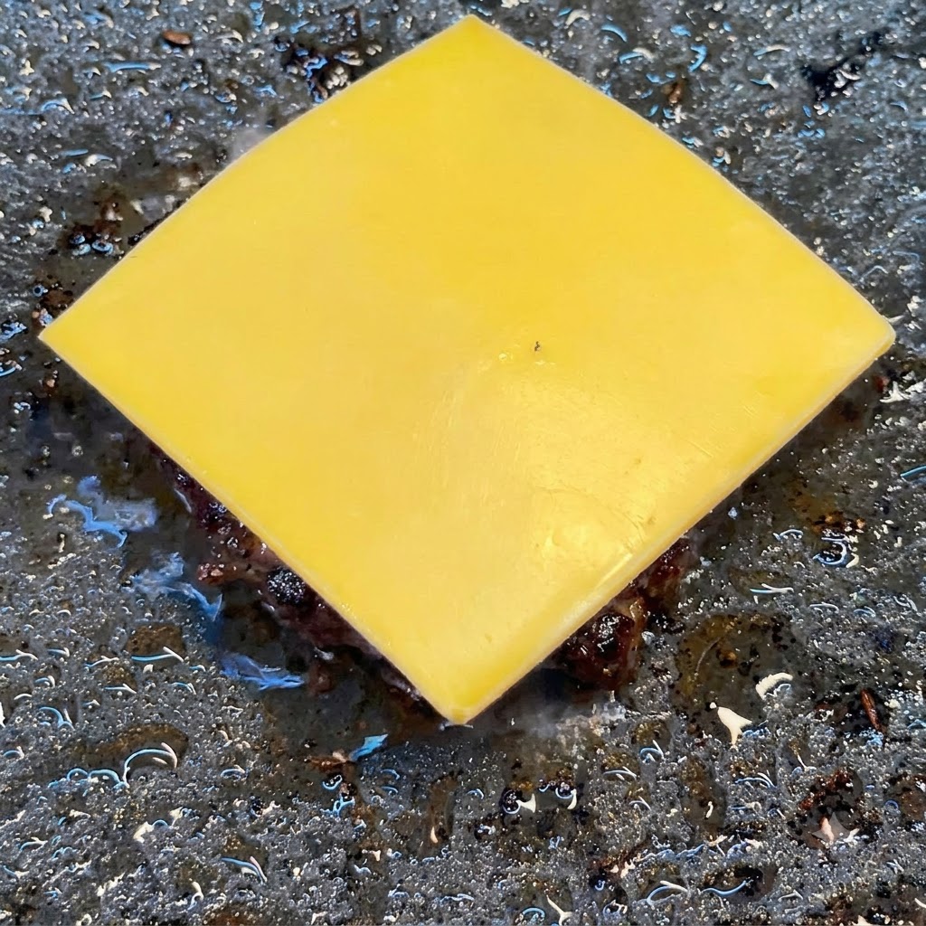A square slice of yellow American cheese centered on top of a sizzling beef patty on a dark griddle.