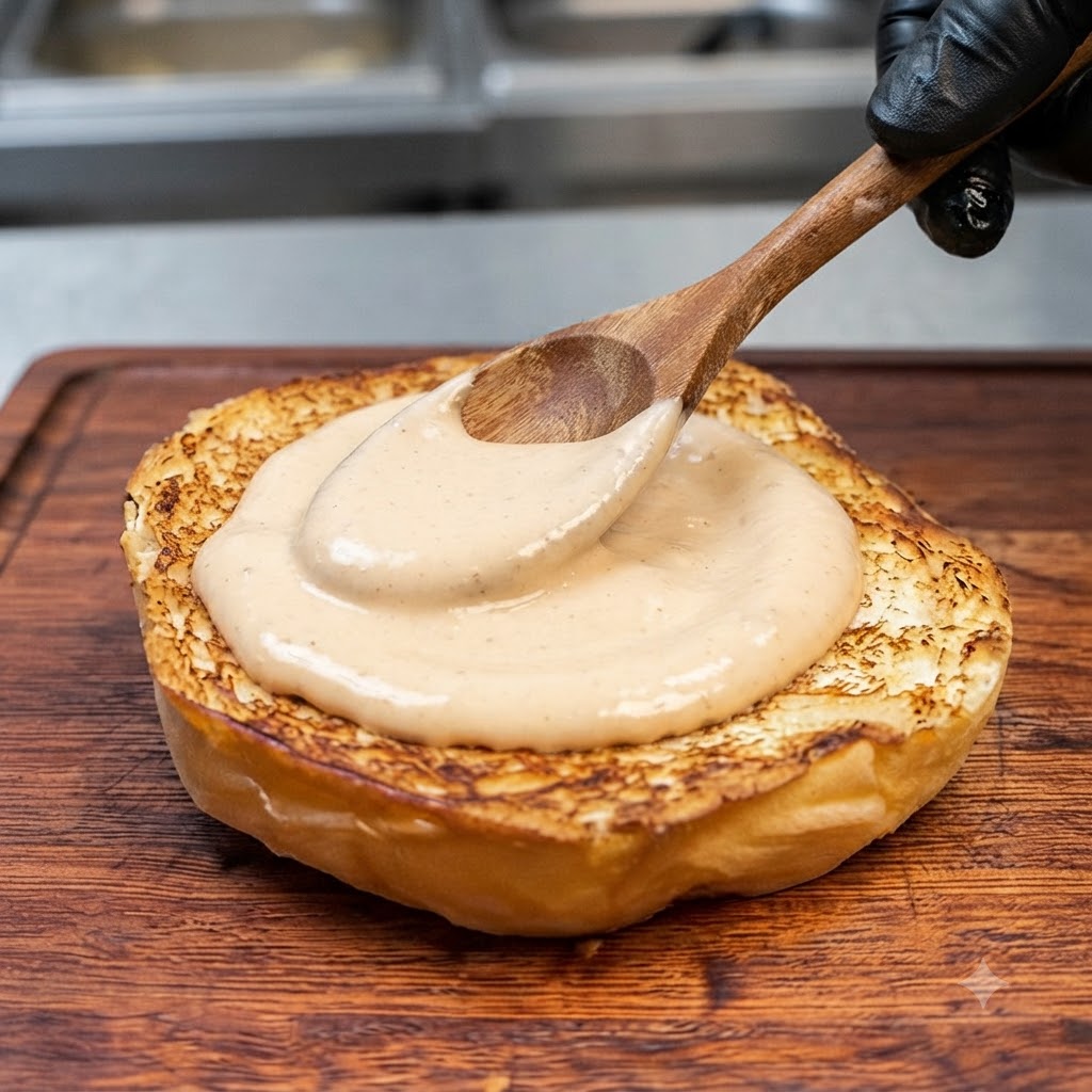 A wooden spoon spreading sauce on a toasted burger bun on a wooden board.