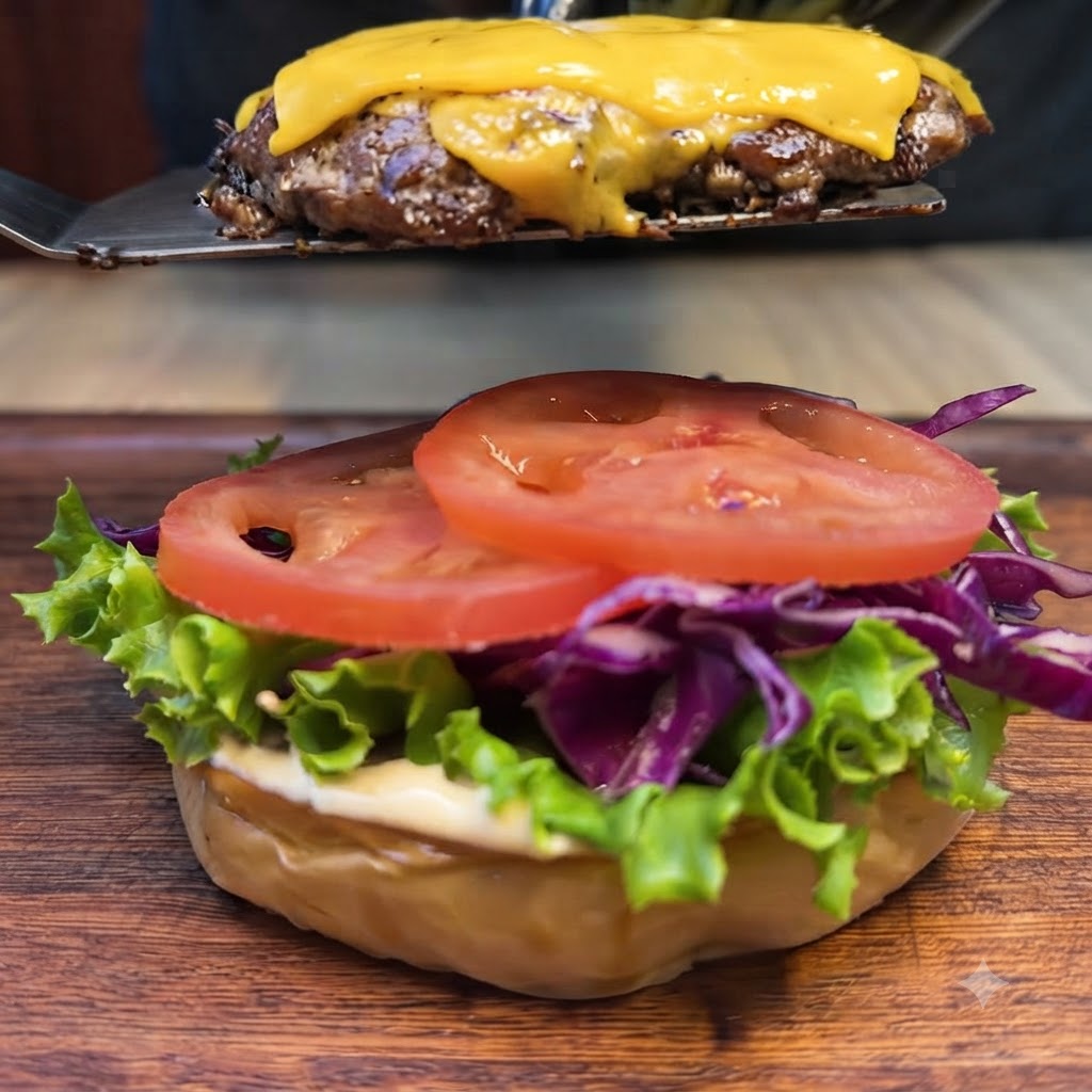 A spatula placing a beef patty with melted cheese onto a prepared burger base.