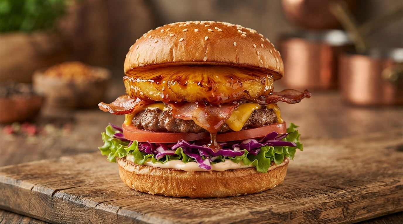 A gourmet caramelized pineapple beef burger layered with melted cheese, crispy bacon, and fresh vegetables on a toasted bun