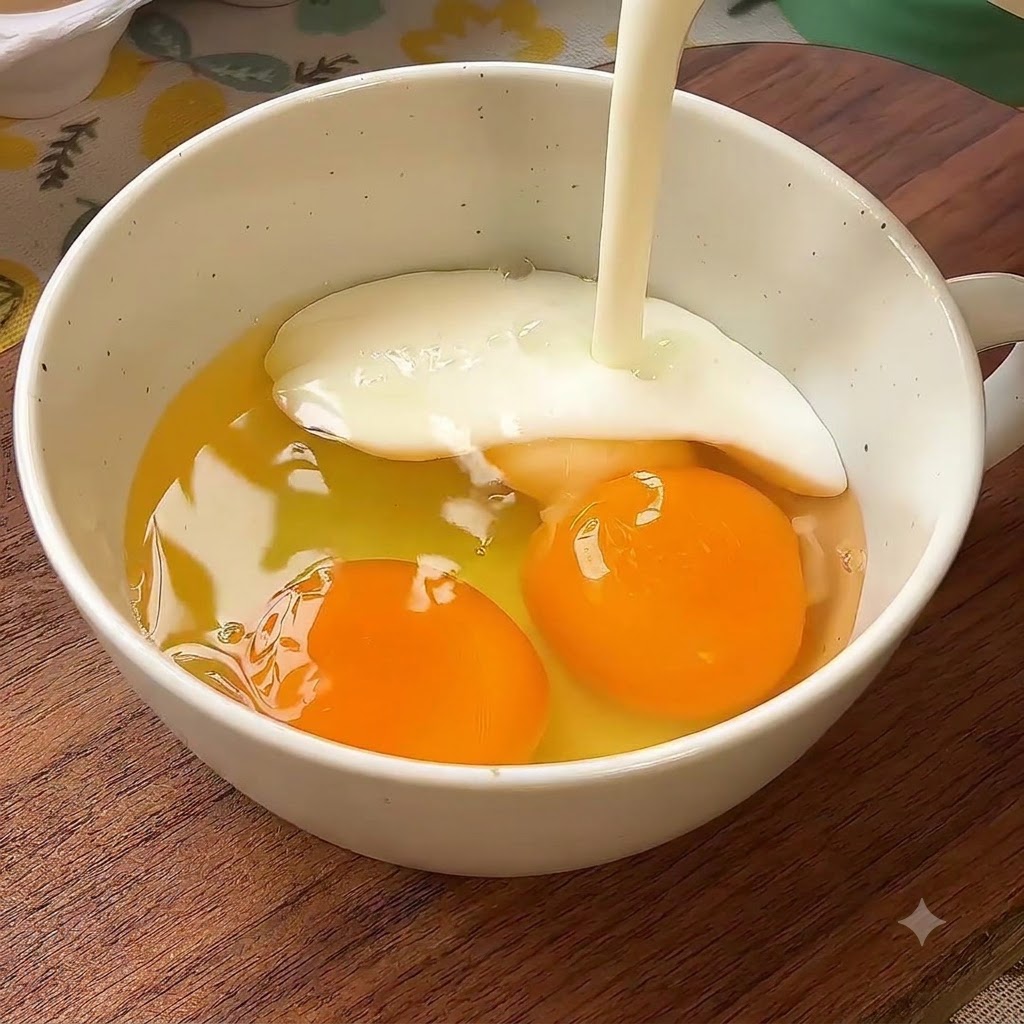 Milk streaming into a bowl of cracked eggs.