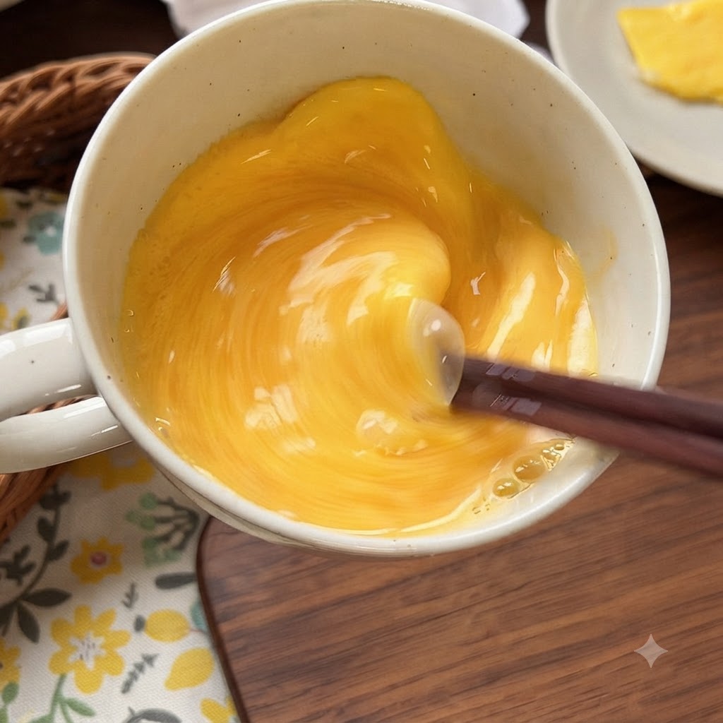 Chopsticks whisking eggs and milk in a bowl.