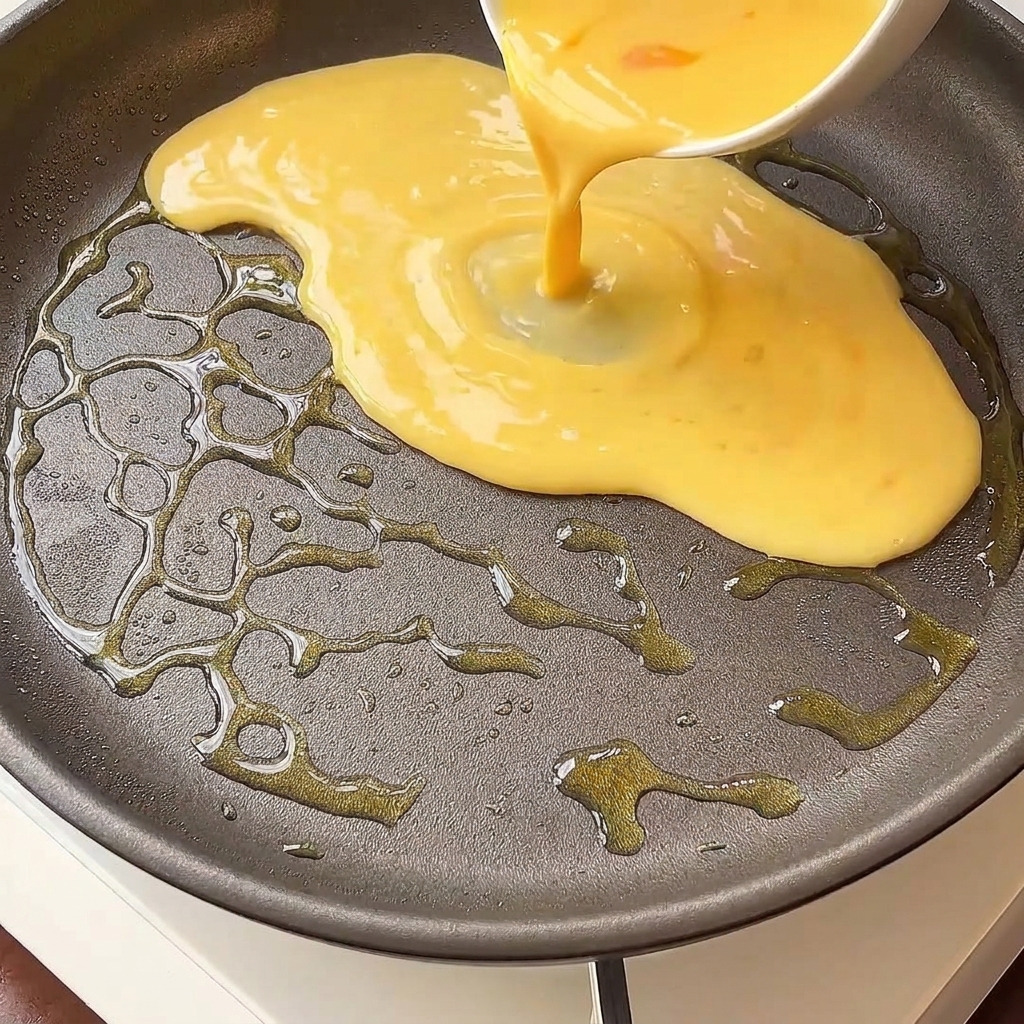 Egg liquid pouring into an oiled frying pan.