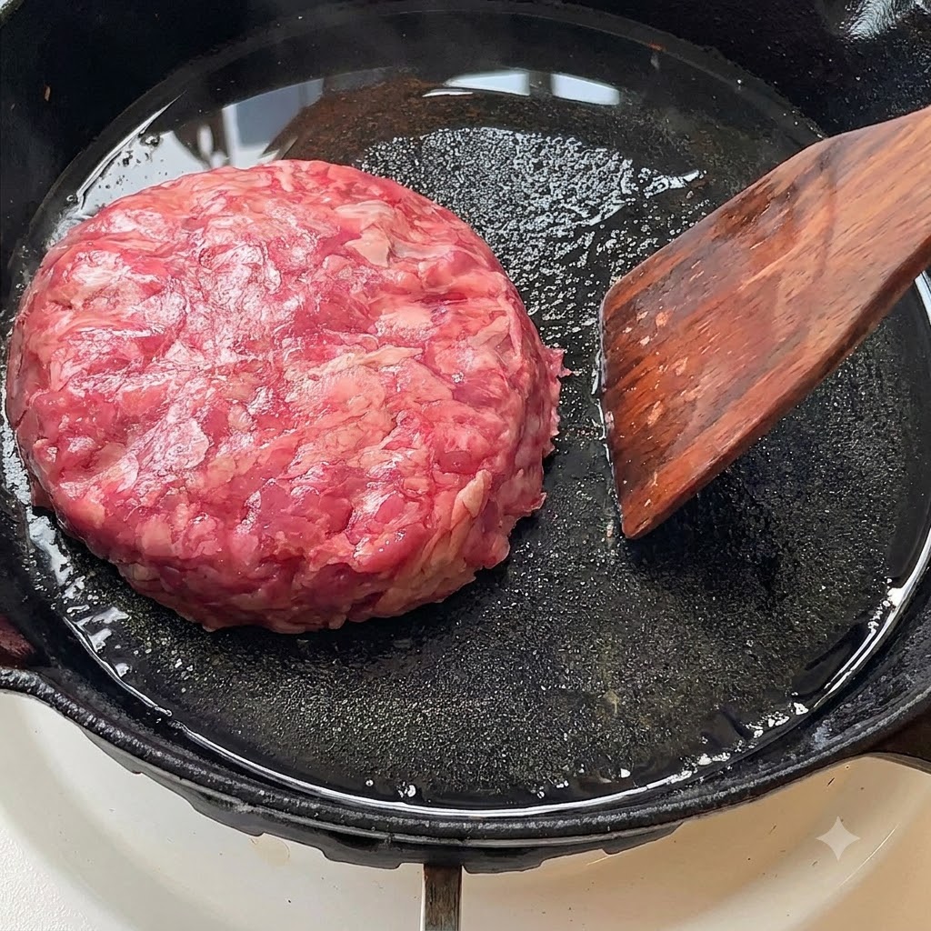 Raw beef patty cooking in an oiled skillet.