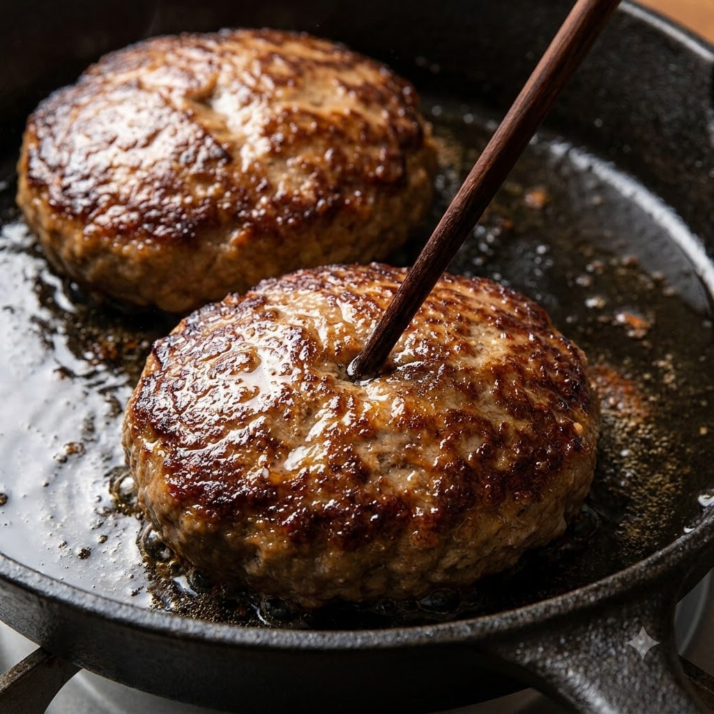A close-up view of a wooden chopstick inserted into a browning hamburger patty inside a cast-iron skillet.