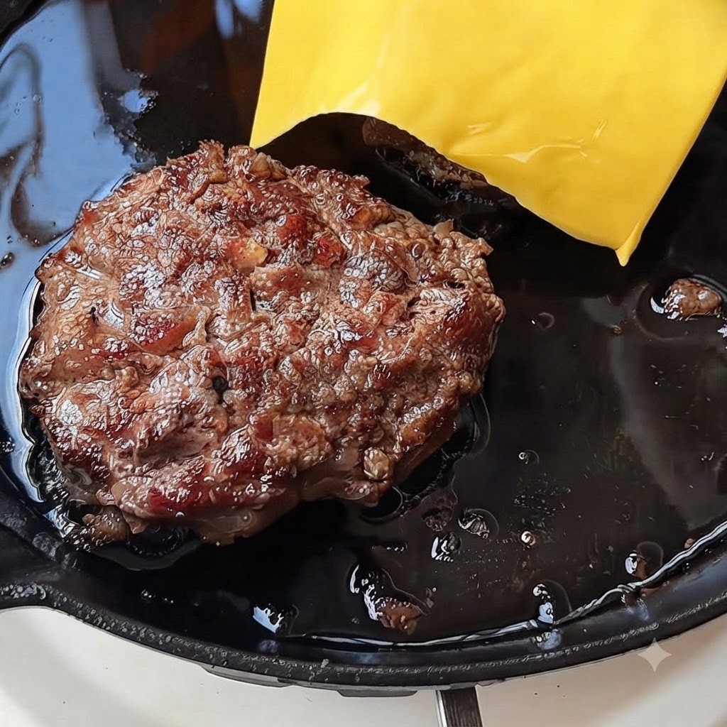 Two slices of yellow cheese melting on top of a cooked hamburger patty in a hot skillet.