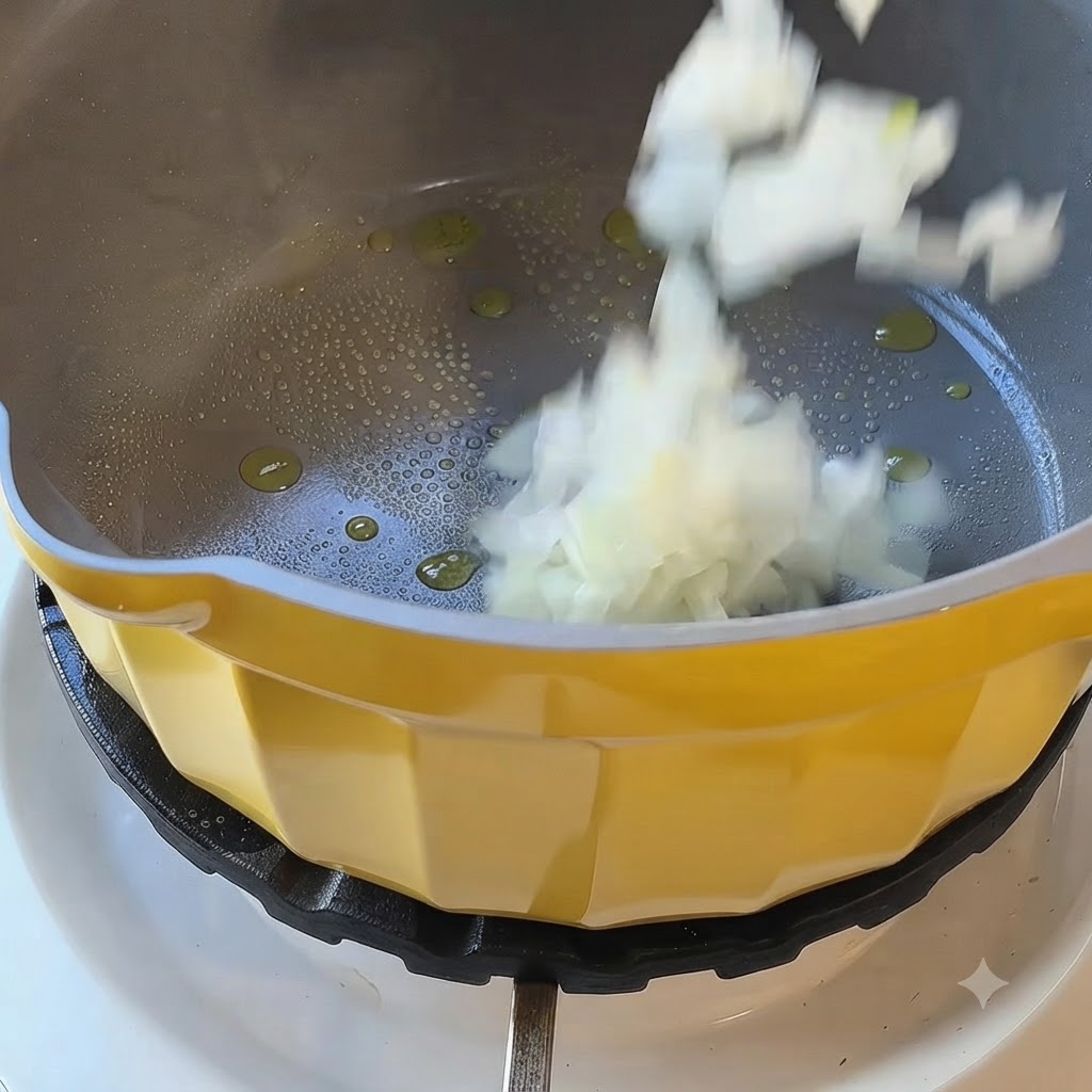 Chopped white onions falling into a yellow pot with hot oil on a stove burner.