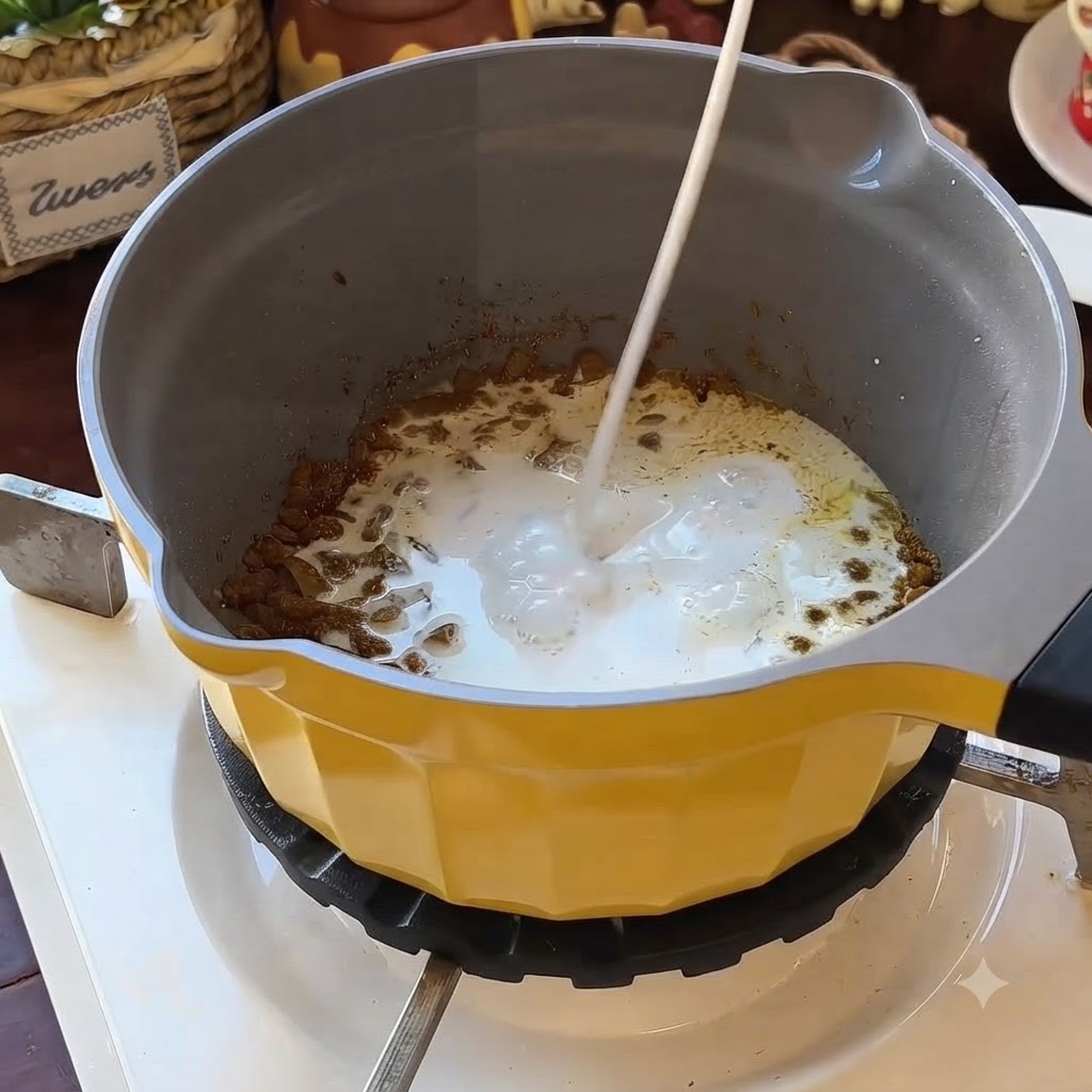 Coconut milk being poured from a spout into a yellow pot containing the spiced onion mixture.