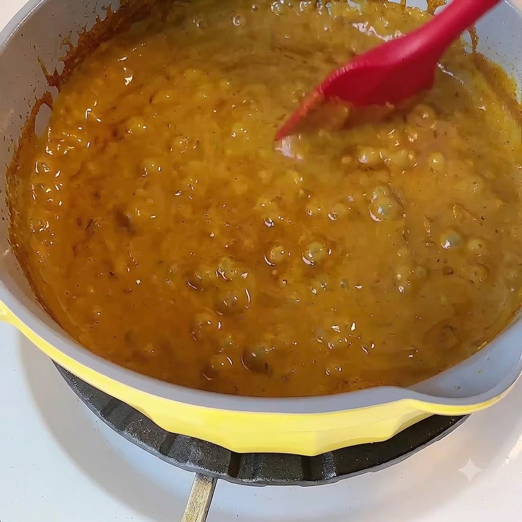 Thick yellow curry sauce simmering in a yellow pot while being stirred with a red silicone spatula.