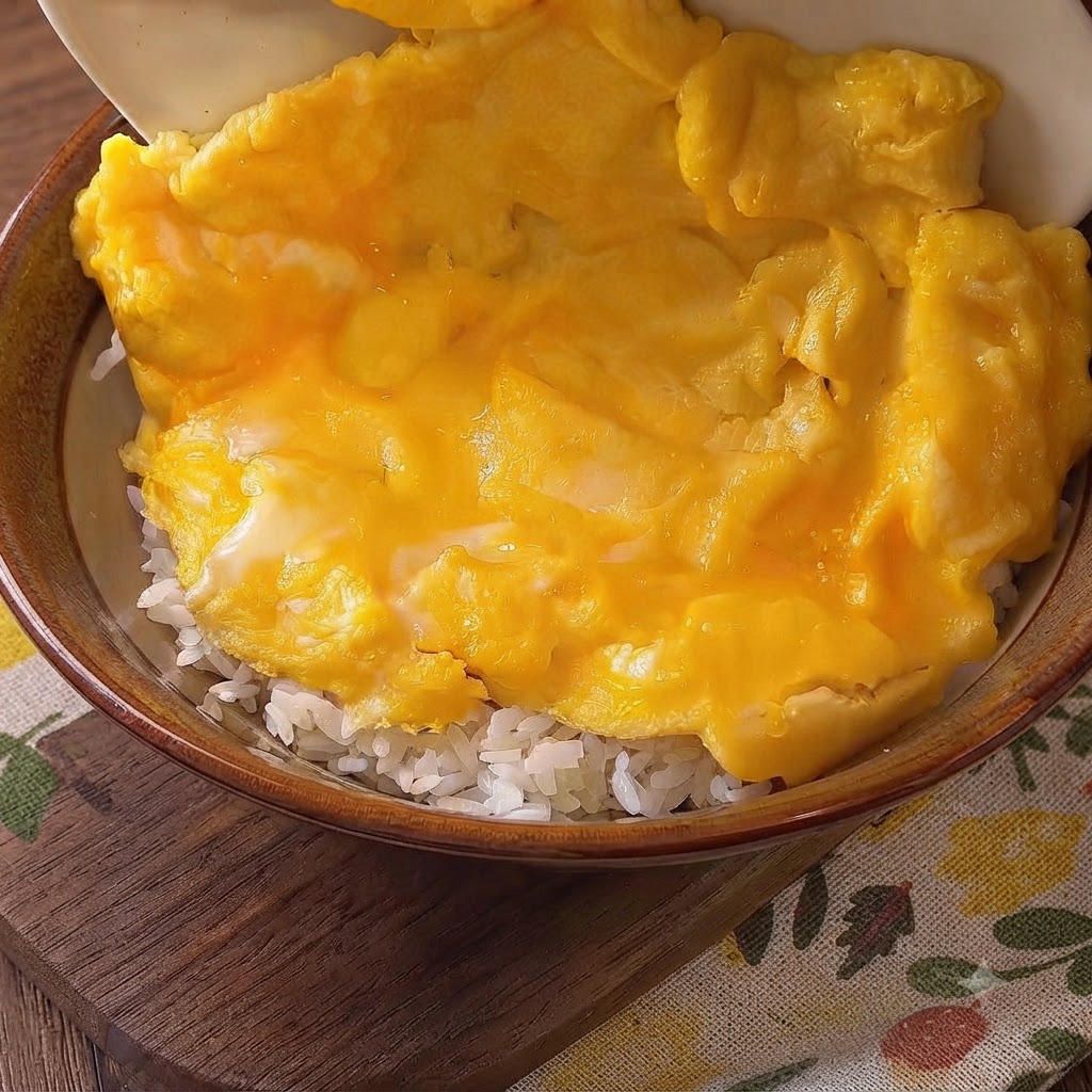 Soft yellow scrambled eggs being poured from a bowl directly onto a bed of white rice in a ceramic bowl.
