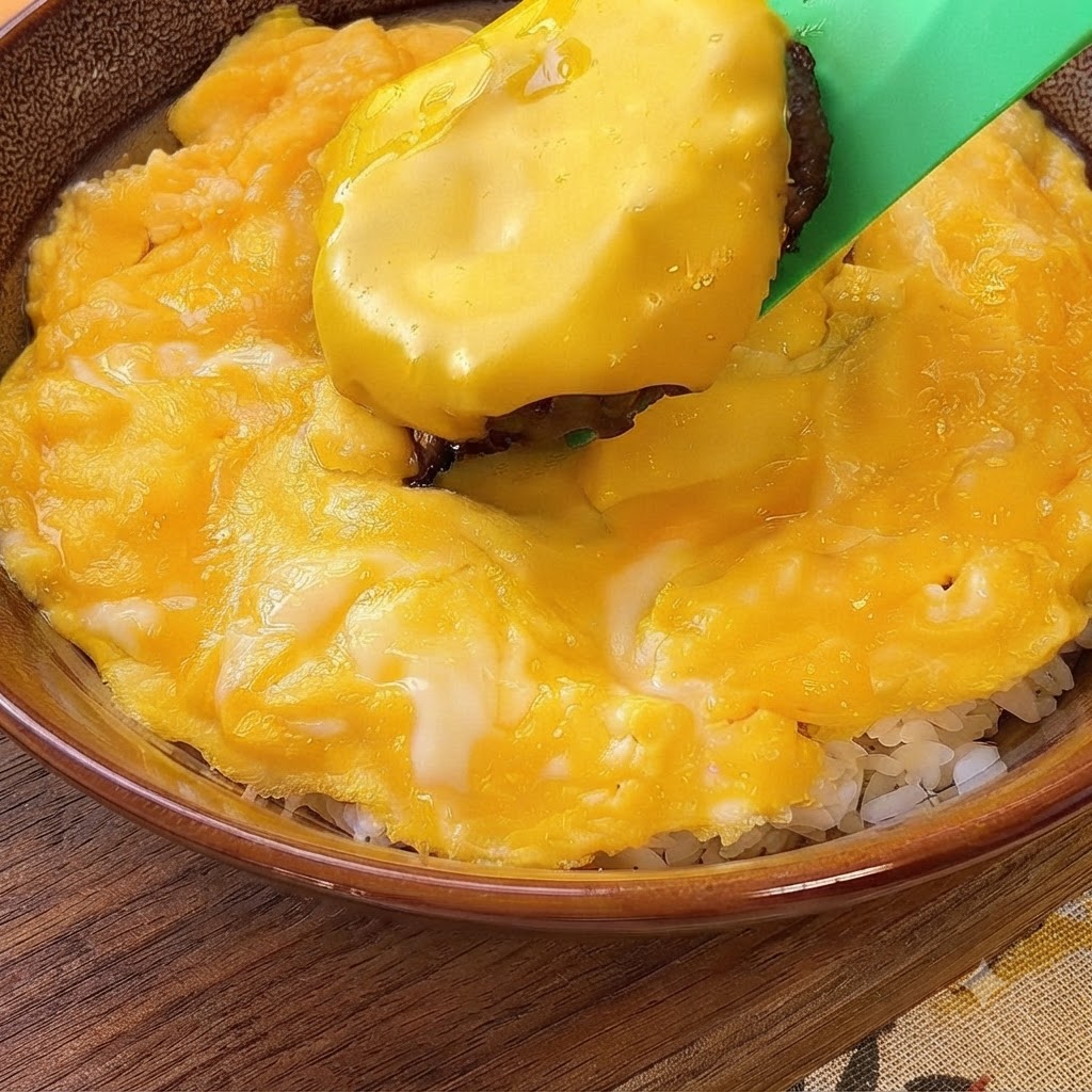 A cheesy hamburger patty being lifted with a green spatula and placed over a bed of scrambled eggs and rice.