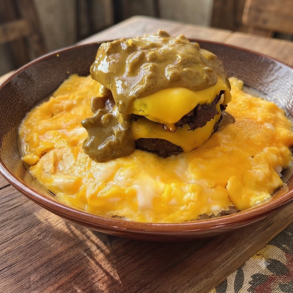 Thick coconut curry sauce poured over stacked cheese hamburger patties, eggs, and rice in a bowl.