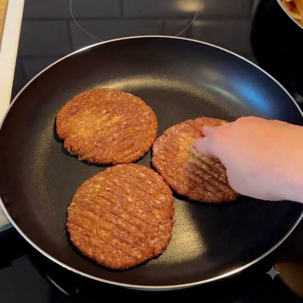 A close-up of a hand seasoning three burger patties in a hot frying pan.