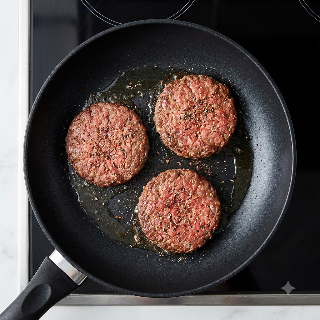 A burger patty being flipped over in a frying pan using a black spatula.
