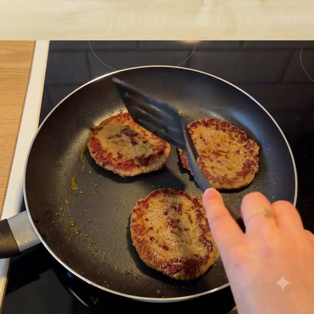 Slices of cheese placed over hot burger patties cooking in a skillet.