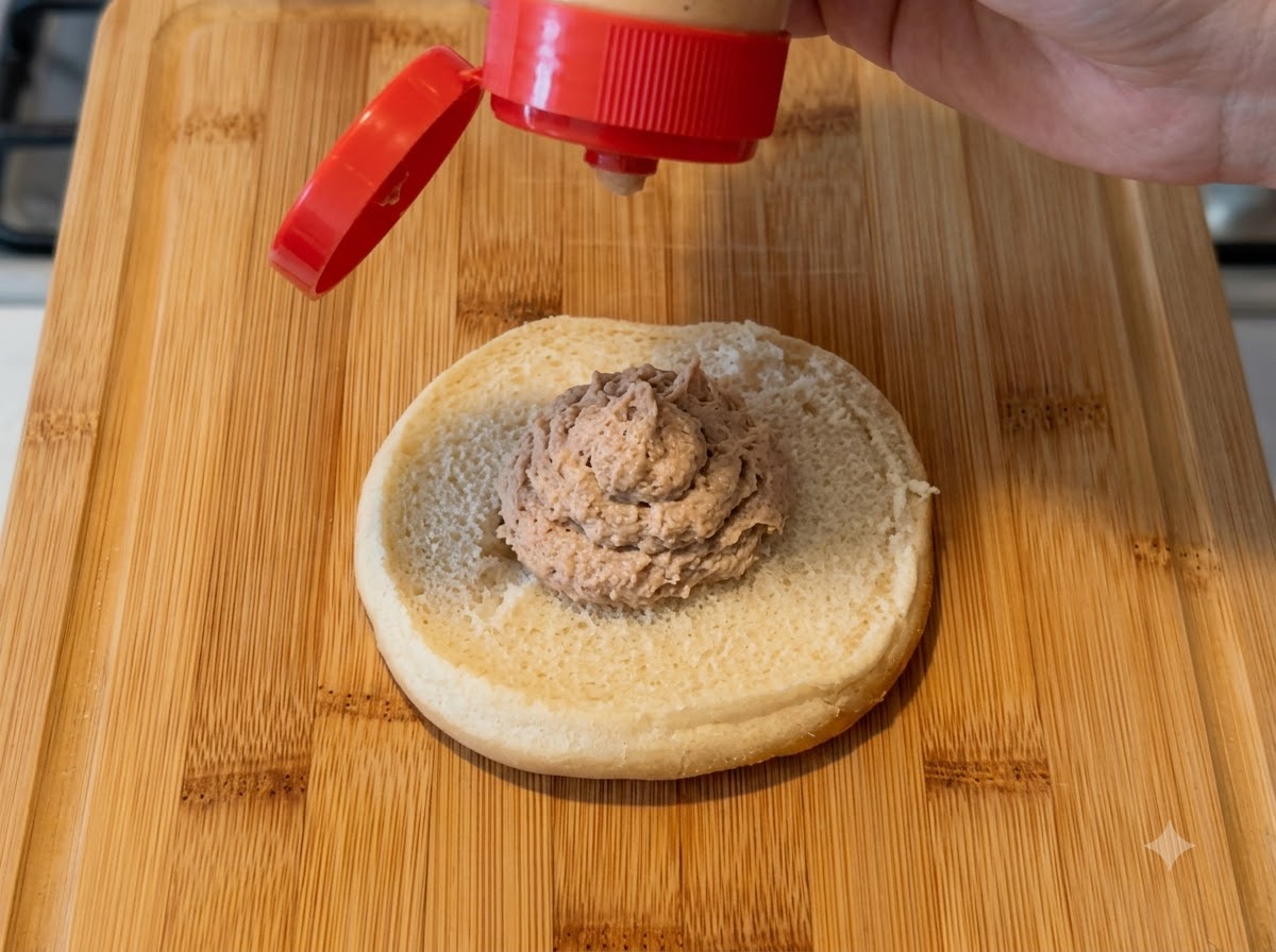 A squeeze bottle applying sauce onto the center of a sliced burger bun.