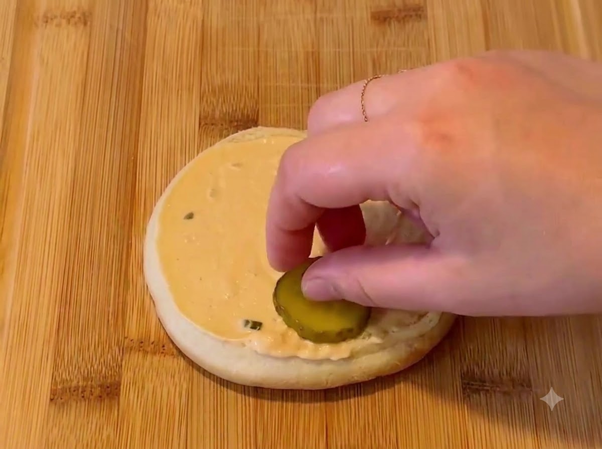A hand placing a pickle slice onto a burger bun covered with sauce.