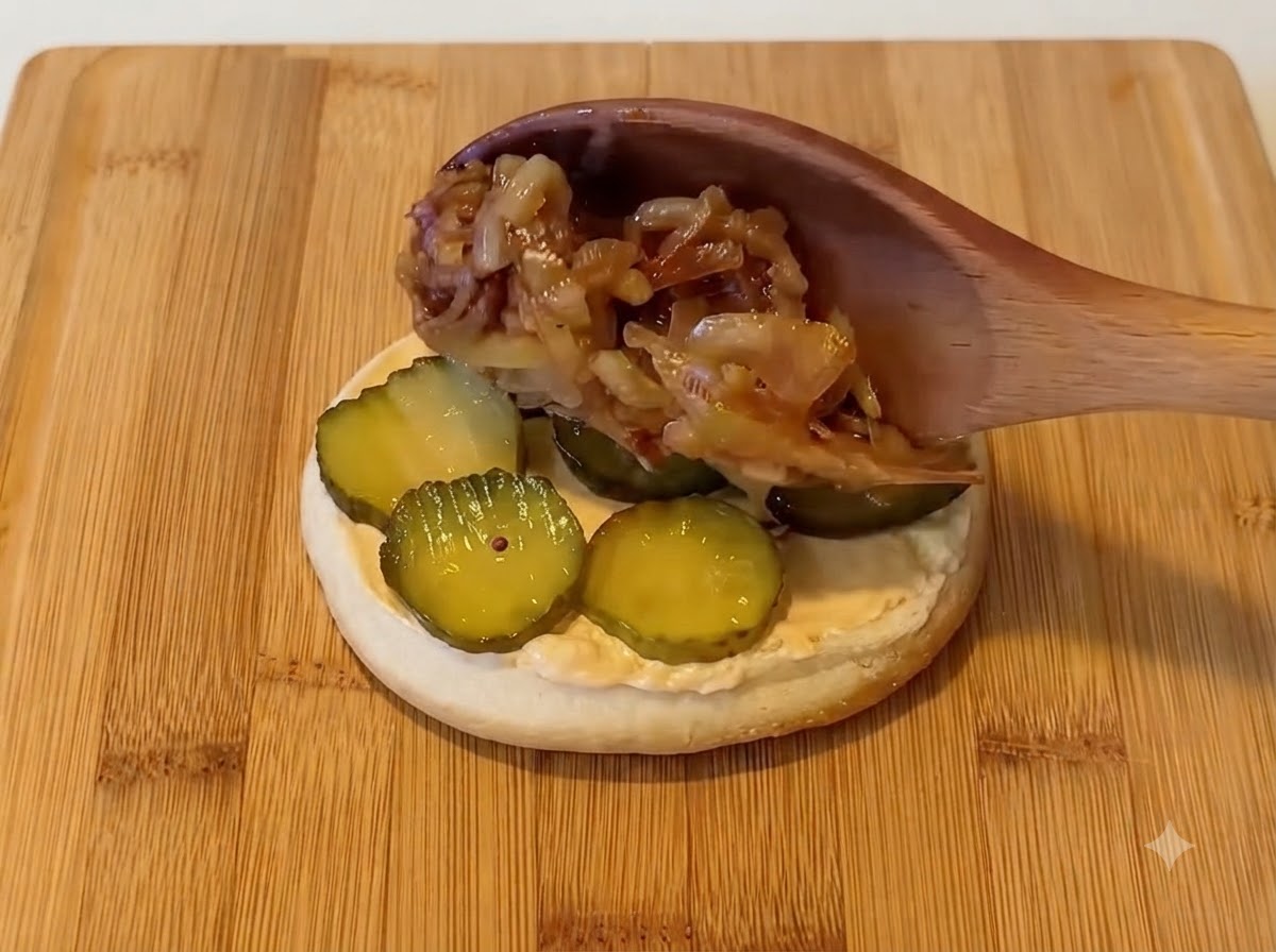 A wooden spoon scooping caramelized onions onto pickled slices on a burger bun.