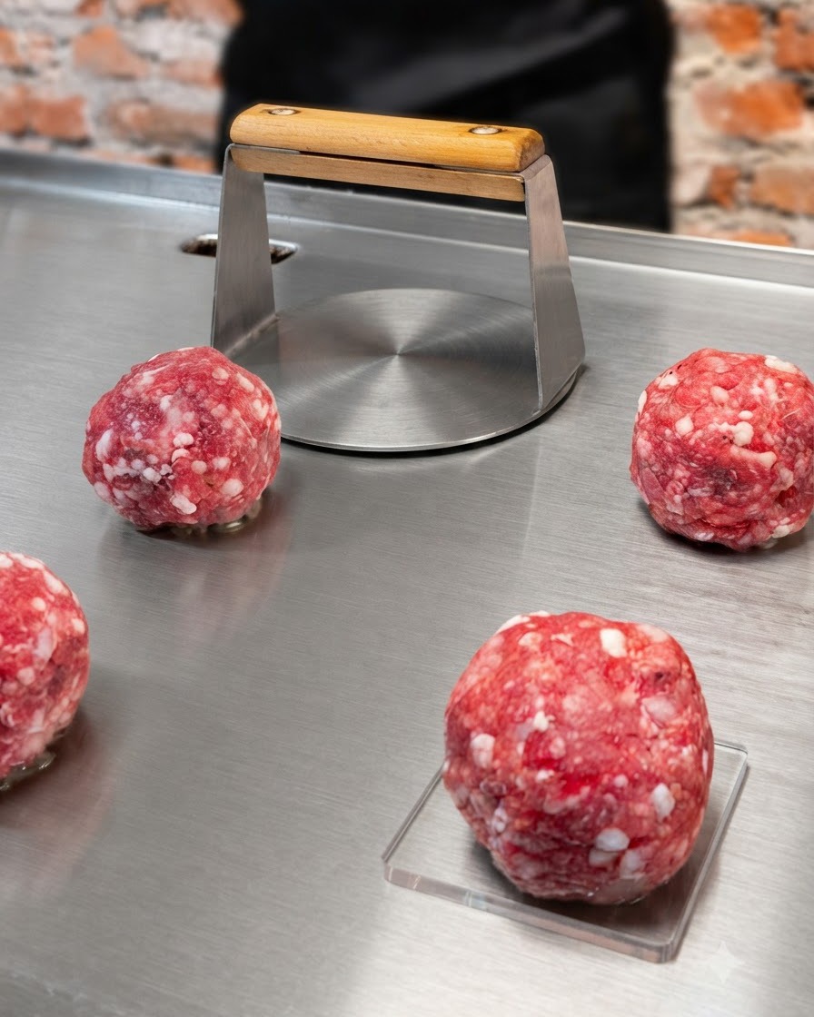 A metal press tool flattening a ground beef ball on a hot stainless steel flat griddle.