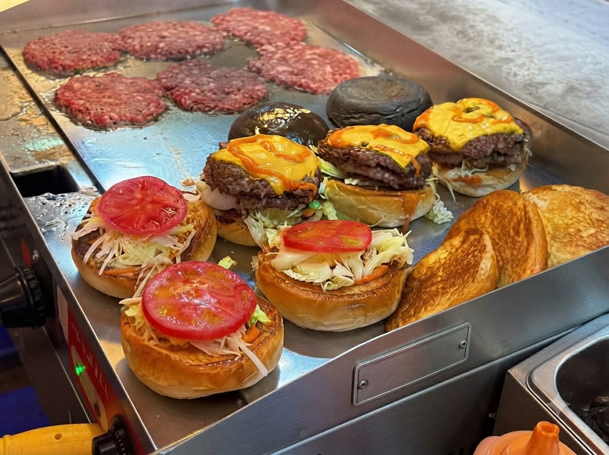 Searing burger patties with melted cheese next to prepared hamburger buns, lettuce, and sliced tomatoes.