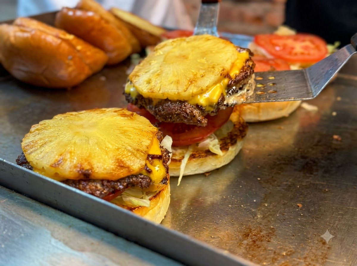 A metal spatula transferring a grilled burger patty with melted cheese and a pineapple slice onto a bun base.