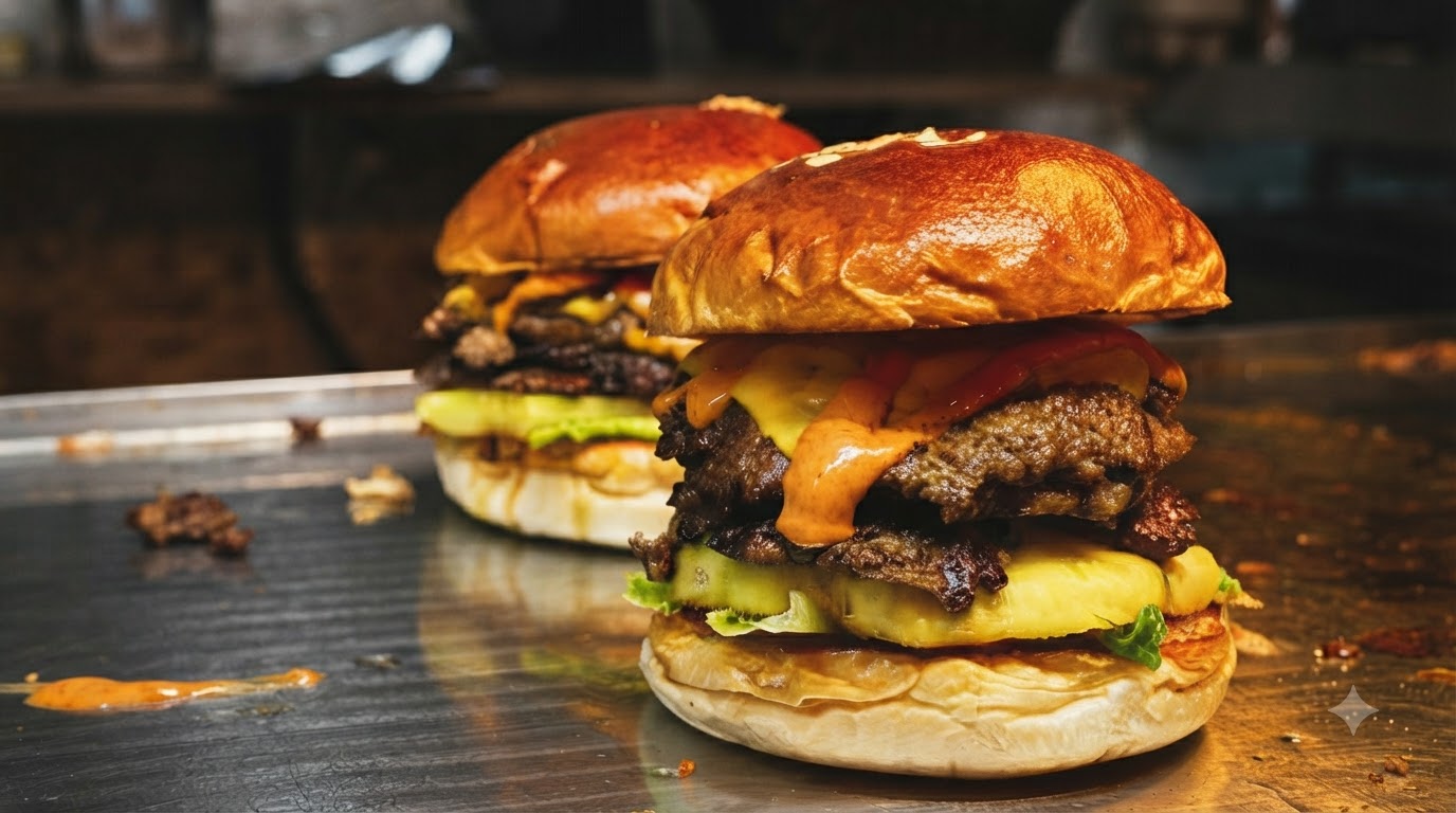 Two freshly assembled American smash burgers with double beef patties, melted cheese, and grilled pineapple on toasted brioche buns