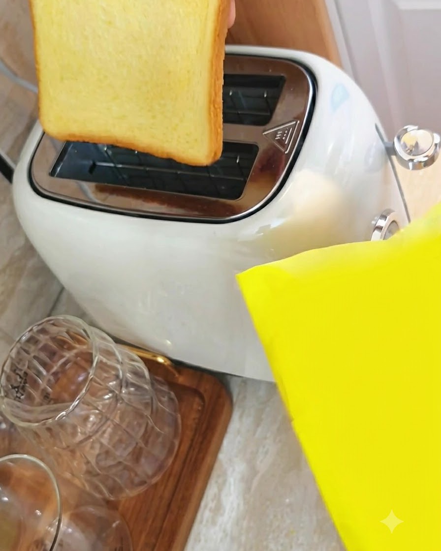 Two slices of low-sugar corn bread being inserted into the slots of a white toaster.
