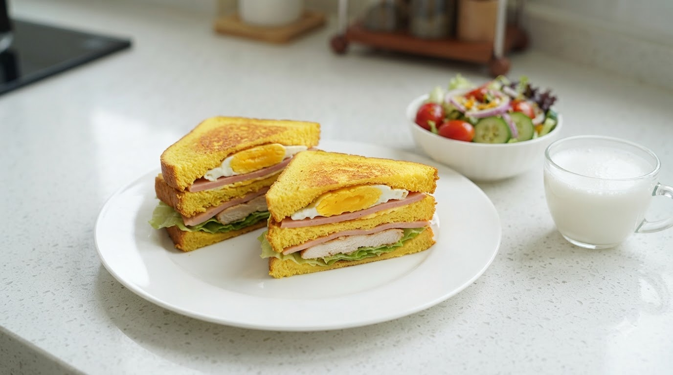 A cut black pepper chicken breast and ham sandwich served with fresh vegetable salad and warm milk.