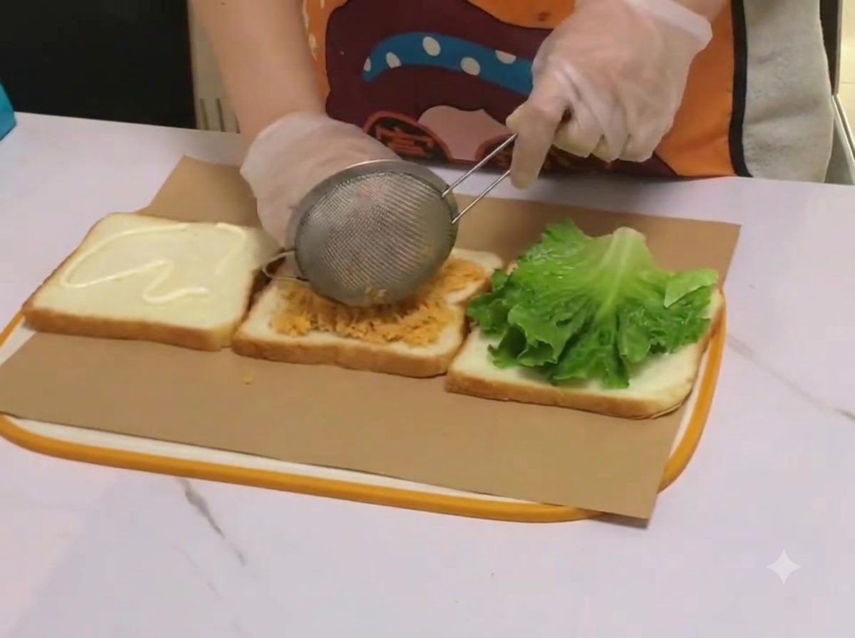Corn being sifted through a small wire strainer onto the meat floss layer of the sandwich.