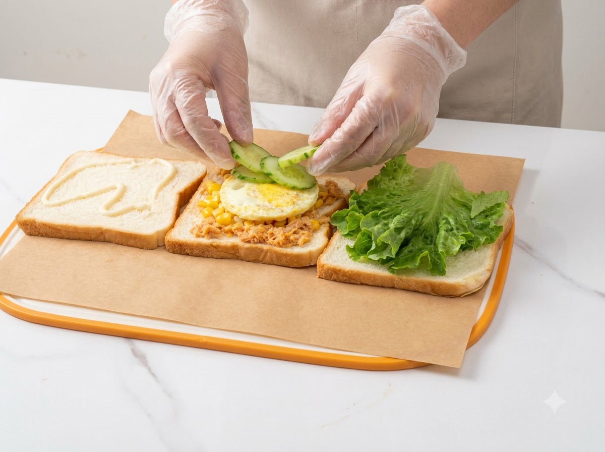 Thin cucumber slices and a fried egg being arranged on top of the corn and meat floss filling.