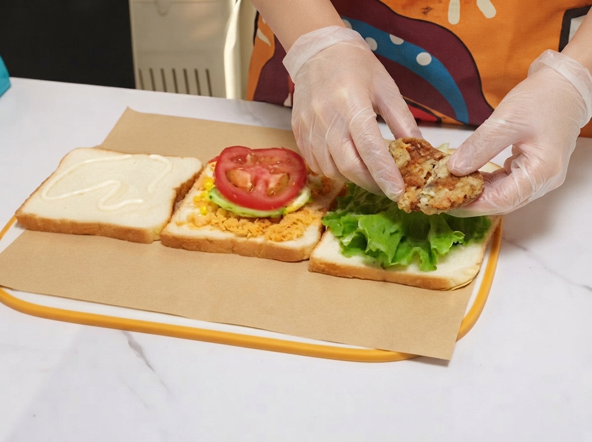 A seasoned and cooked chicken chop being positioned over green lettuce on a slice of sandwich bread.