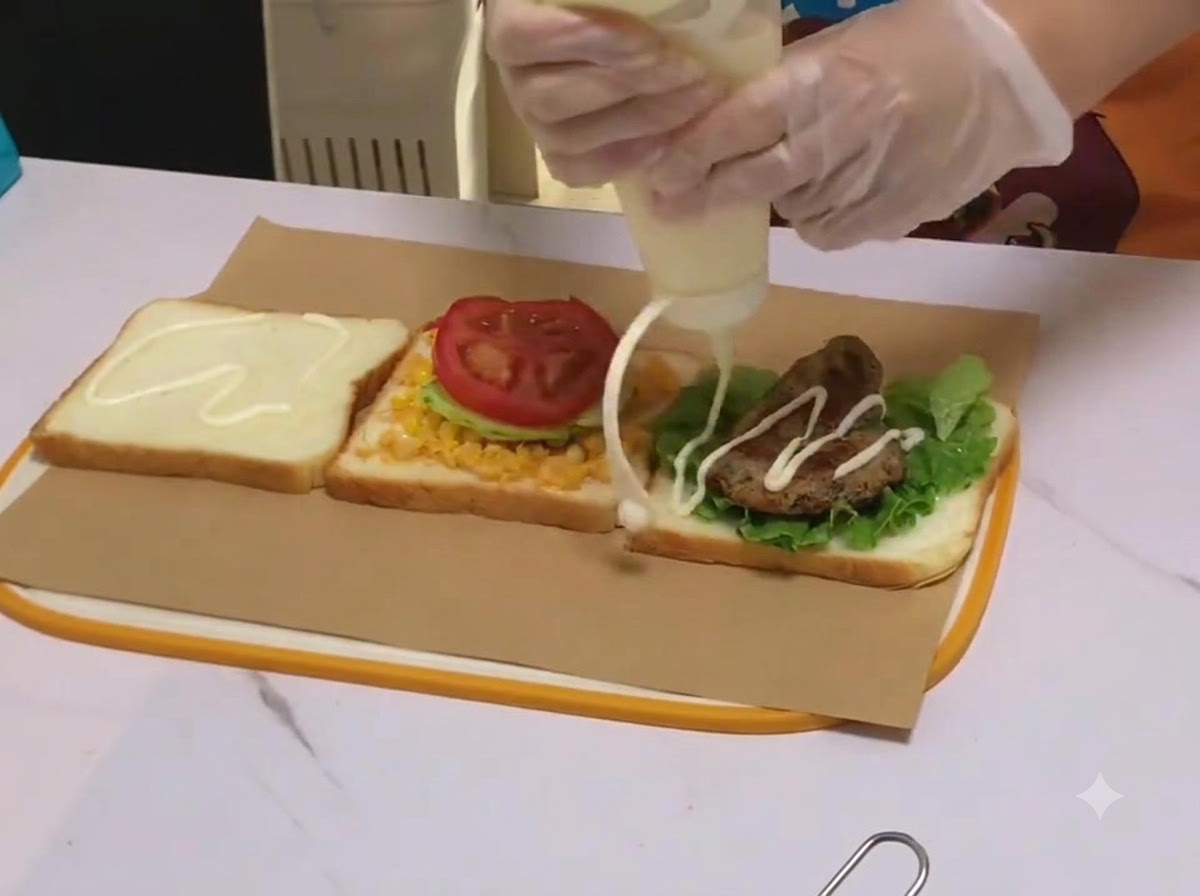 White salad cream being drizzled from a squeeze bottle onto a chicken chop placed on bread.