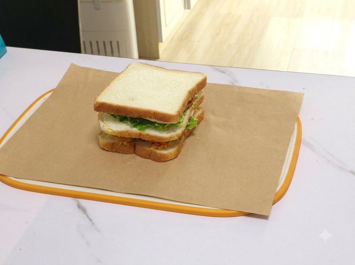 The stacked sandwich centered on a sheet of brown parchment paper ready for folding.