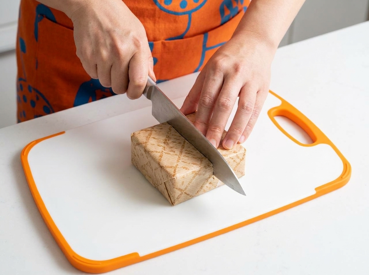 A sharp knife slicing through the center of the brown paper-wrapped sandwich on a white cutting board.
