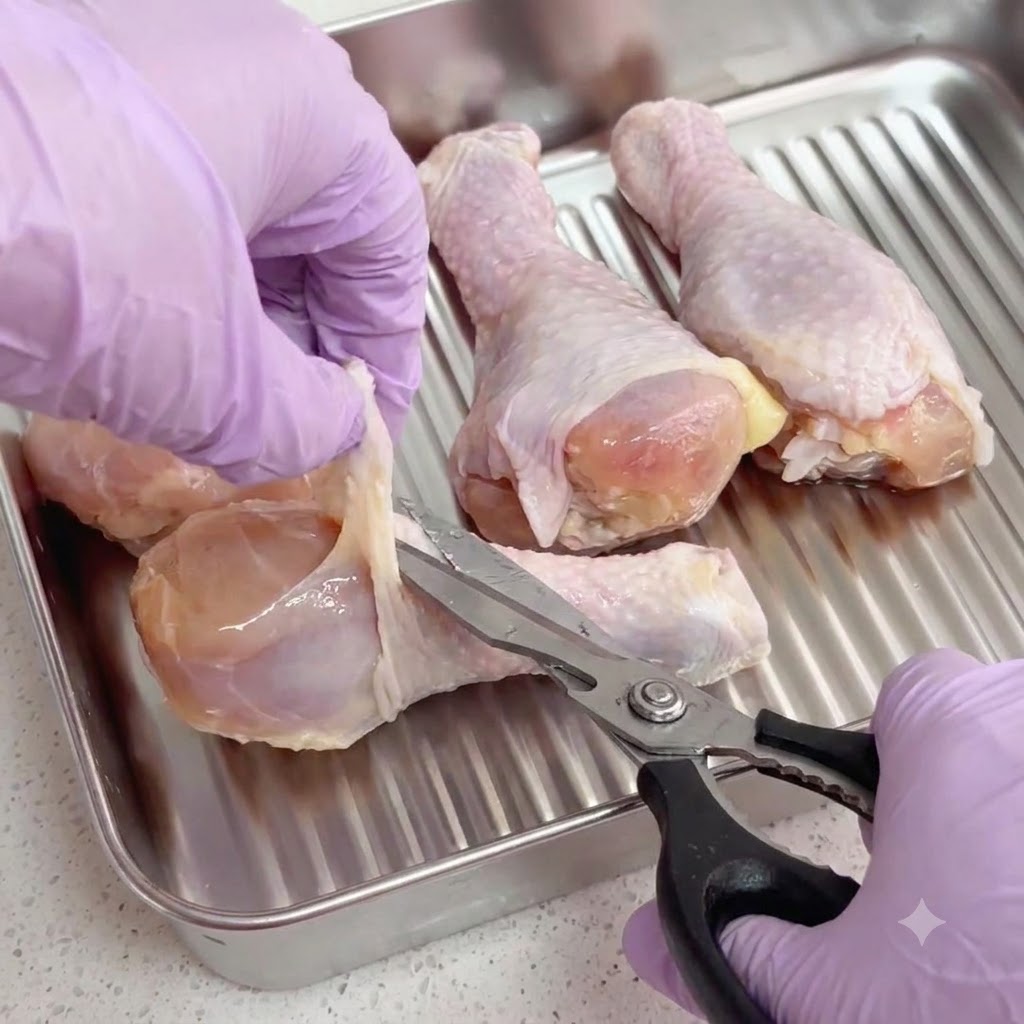A pair of kitchen shears trimming fat from raw chicken legs resting inside a stainless steel tray.