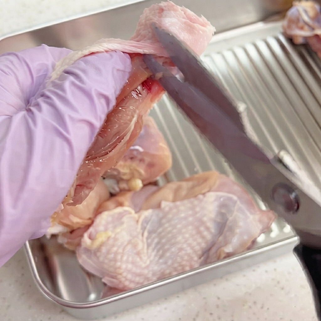 Kitchen shears cutting the tendons and bone structure of a chicken leg to remove the meat.