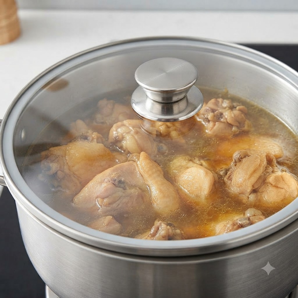 A stainless steel pot with a glass lid covering simmering chicken thighs in a shallow broth.