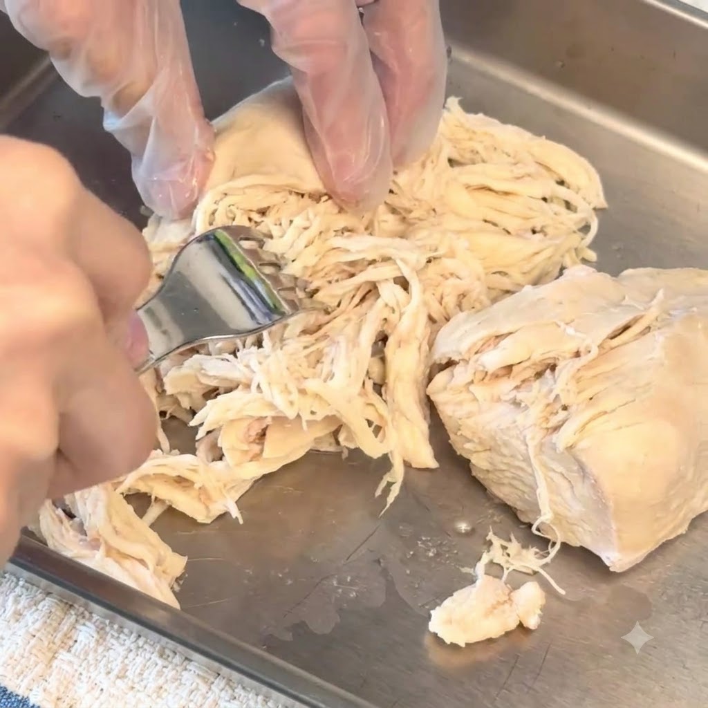 Cooked chicken breast being pulled apart into fine pieces on a tray using a fork.