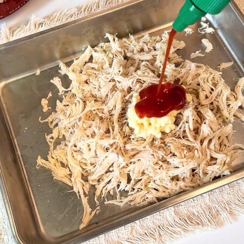Sriracha sauce and mayonnaise being squeezed onto a bed of shredded chicken.