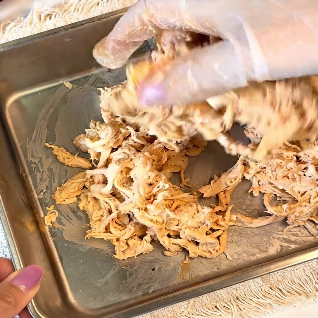 Hands wearing gloves mixing seasoned shredded chicken in a metal container.